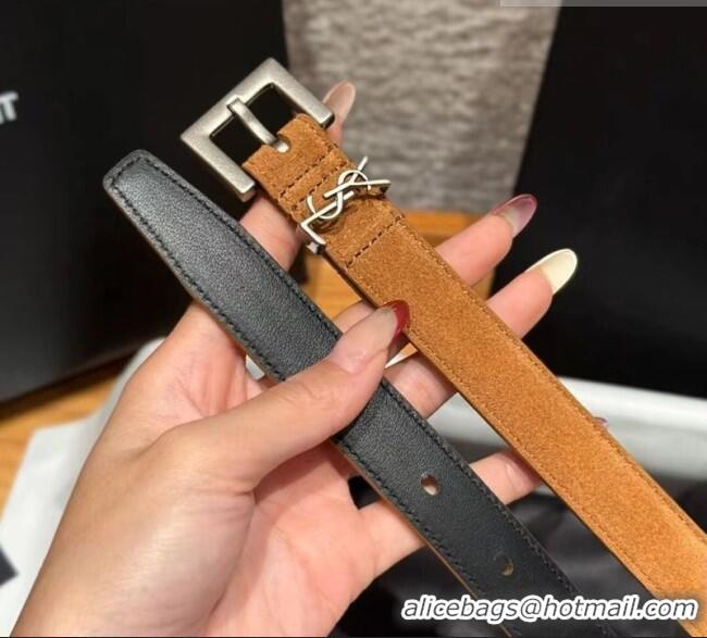 Best Grade Saint Laurent Cassandre Belt 2cm in Suede and Leather YSL26010401 Brown/Silver 2025