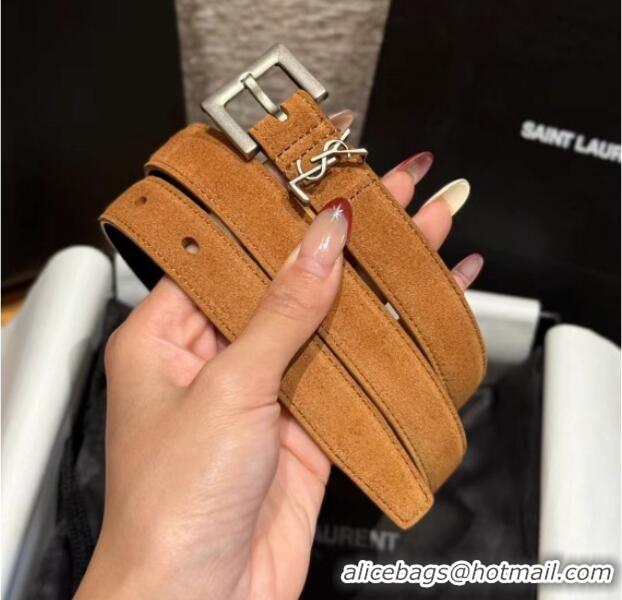 Best Grade Saint Laurent Cassandre Belt 2cm in Suede and Leather YSL26010401 Brown/Silver 2025