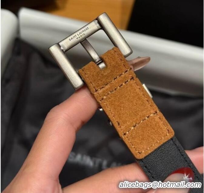 Best Grade Saint Laurent Cassandre Belt 2cm in Suede and Leather YSL26010401 Brown/Silver 2025