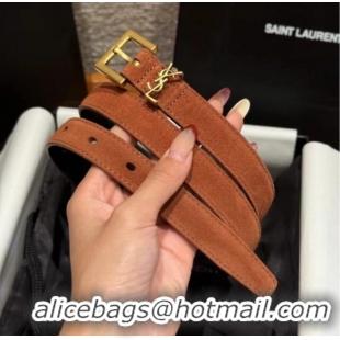 Famous Brand Saint Laurent Cassandre Belt 2cm in Suede and Leather YSL26010401 Dark Brown/Gold 2025