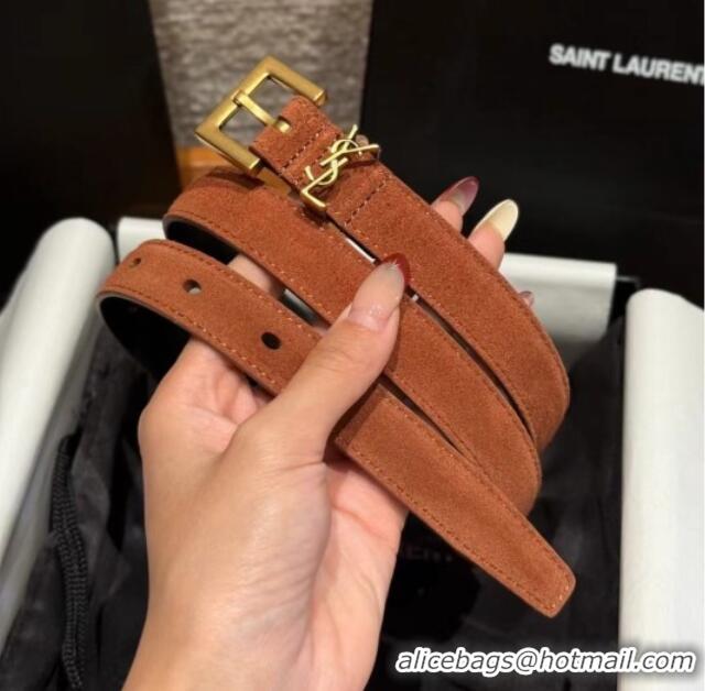 Famous Brand Saint Laurent Cassandre Belt 2cm in Suede and Leather YSL26010401 Dark Brown/Gold 2025