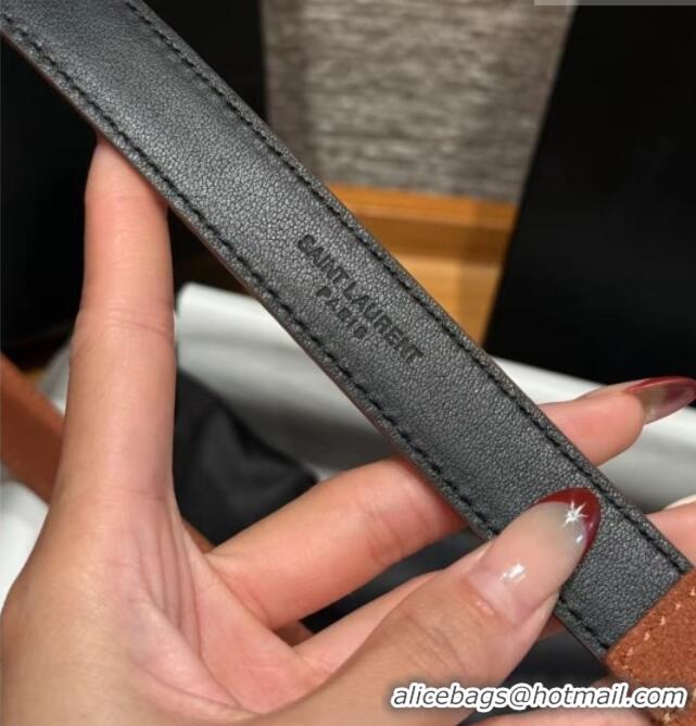 Famous Brand Saint Laurent Cassandre Belt 2cm in Suede and Leather YSL26010401 Dark Brown/Gold 2025