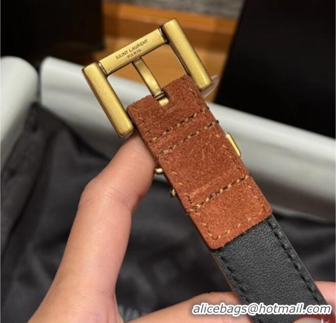 Famous Brand Saint Laurent Cassandre Belt 2cm in Suede and Leather YSL26010401 Dark Brown/Gold 2025
