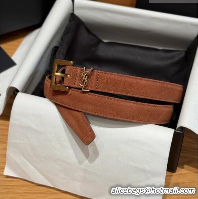 Famous Brand Saint Laurent Cassandre Belt 2cm in Suede and Leather YSL26010401 Dark Brown/Gold 2025