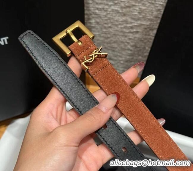 Famous Brand Saint Laurent Cassandre Belt 2cm in Suede and Leather YSL26010401 Dark Brown/Gold 2025
