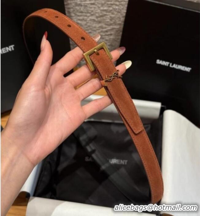 Famous Brand Saint Laurent Cassandre Belt 2cm in Suede and Leather YSL26010401 Dark Brown/Gold 2025