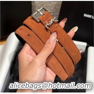 Top Design Saint Laurent Cassandre Belt 2cm in Suede and Leather YSL26010401 Dark Brown/Silver 2025