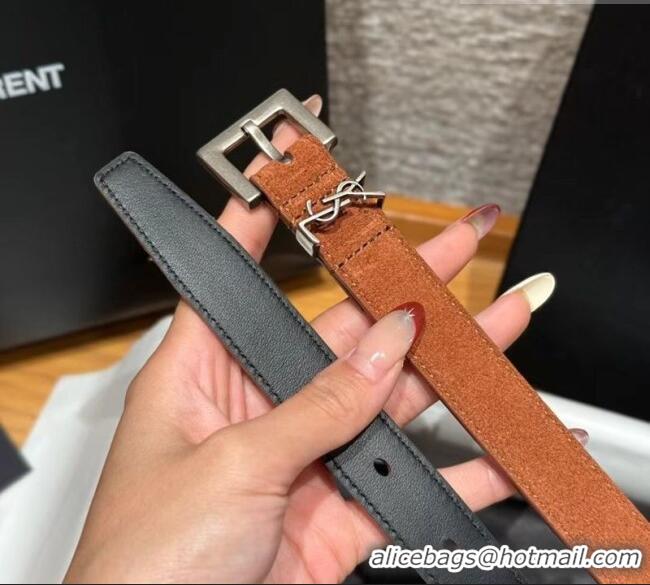Top Design Saint Laurent Cassandre Belt 2cm in Suede and Leather YSL26010401 Dark Brown/Silver 2025