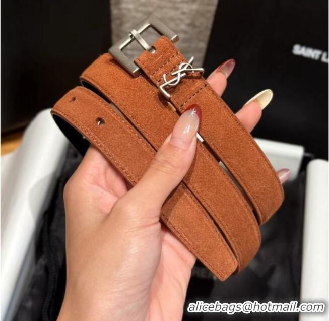 Top Design Saint Laurent Cassandre Belt 2cm in Suede and Leather YSL26010401 Dark Brown/Silver 2025