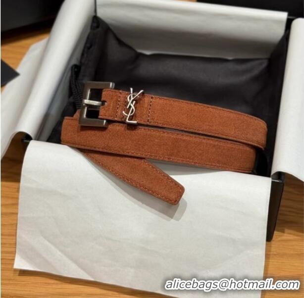 Top Design Saint Laurent Cassandre Belt 2cm in Suede and Leather YSL26010401 Dark Brown/Silver 2025