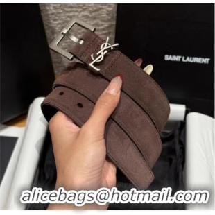 Luxury Discount Saint Laurent Cassandre Belt 3cm in Suede and Leather YSL26010401 Chocolate 2025