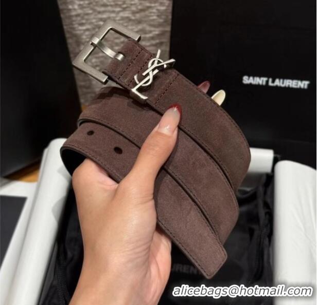 Luxury Discount Saint Laurent Cassandre Belt 3cm in Suede and Leather YSL26010401 Chocolate 2025