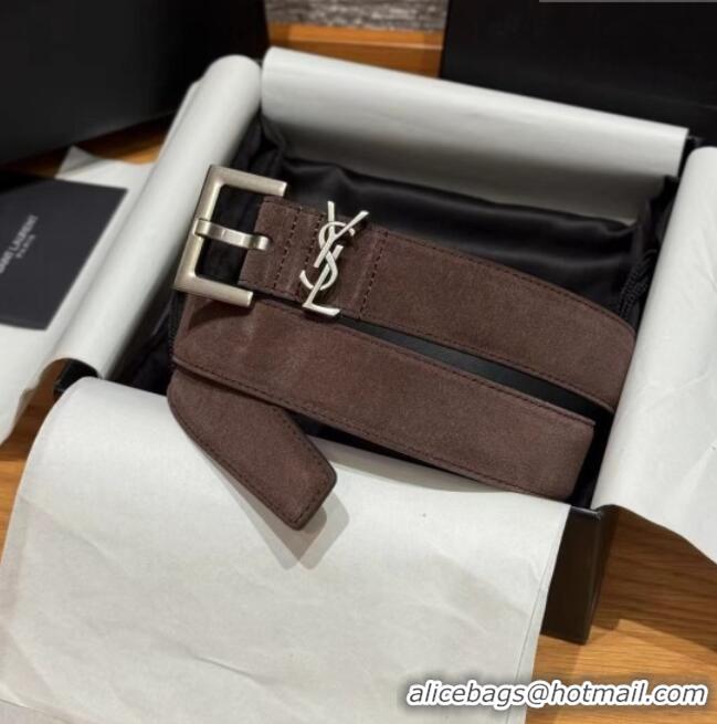 Luxury Discount Saint Laurent Cassandre Belt 3cm in Suede and Leather YSL26010401 Chocolate 2025