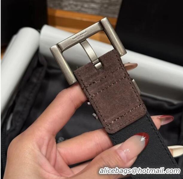 Luxury Discount Saint Laurent Cassandre Belt 3cm in Suede and Leather YSL26010401 Chocolate 2025