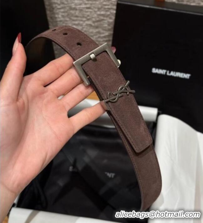 Luxury Discount Saint Laurent Cassandre Belt 3cm in Suede and Leather YSL26010401 Chocolate 2025