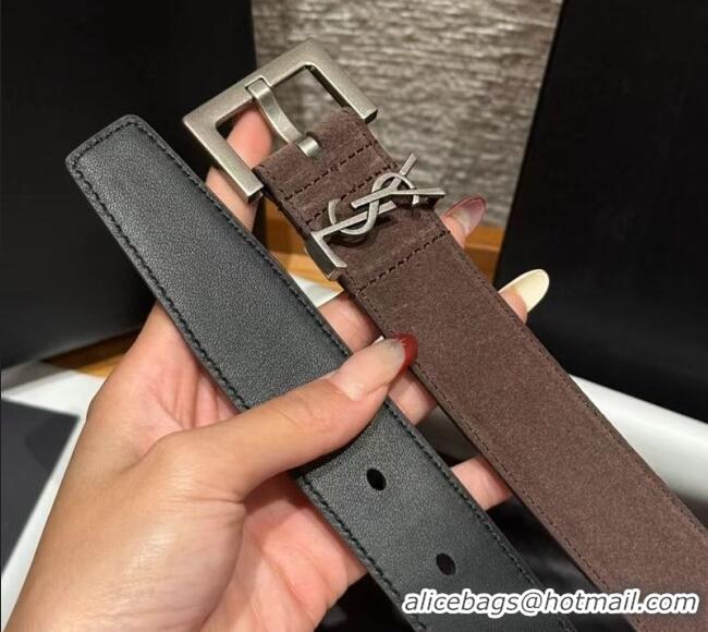 Luxury Discount Saint Laurent Cassandre Belt 3cm in Suede and Leather YSL26010401 Chocolate 2025