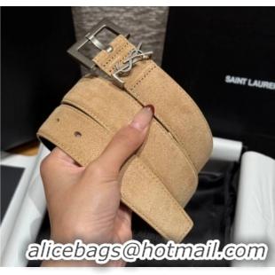 Grade Discount Saint Laurent Cassandre Belt 3cm in Suede and Leather YSL26010401 Light Beige 2025