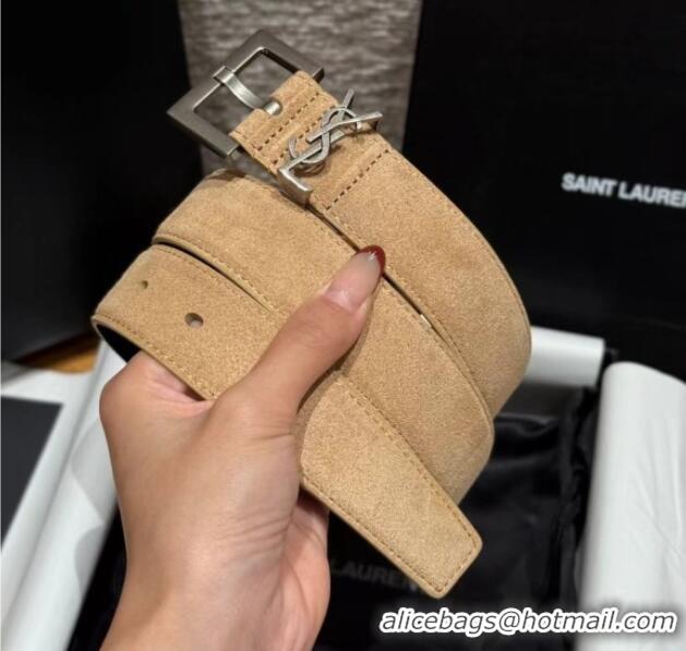Grade Discount Saint Laurent Cassandre Belt 3cm in Suede and Leather YSL26010401 Light Beige 2025