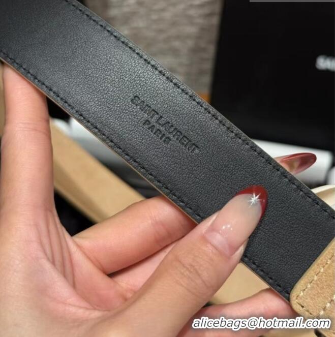 Grade Discount Saint Laurent Cassandre Belt 3cm in Suede and Leather YSL26010401 Light Beige 2025