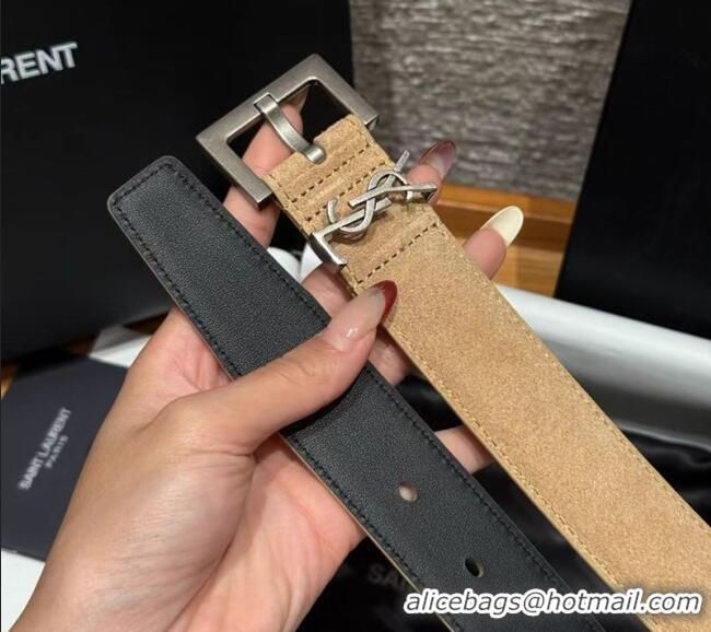 Grade Discount Saint Laurent Cassandre Belt 3cm in Suede and Leather YSL26010401 Light Beige 2025