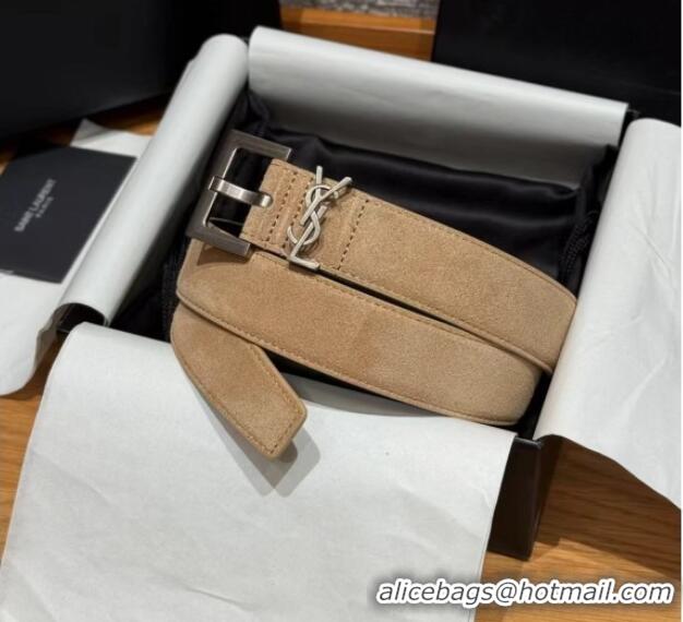 Grade Discount Saint Laurent Cassandre Belt 3cm in Suede and Leather YSL26010401 Light Beige 2025
