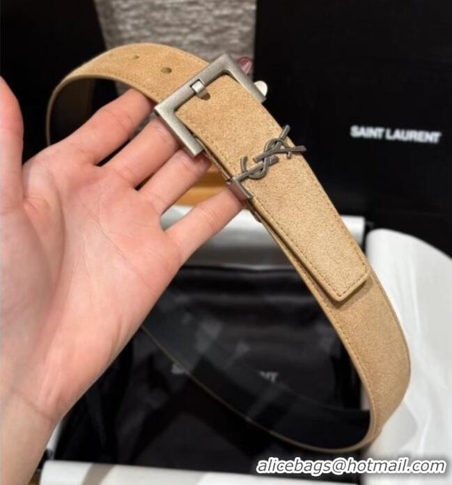 Grade Discount Saint Laurent Cassandre Belt 3cm in Suede and Leather YSL26010401 Light Beige 2025