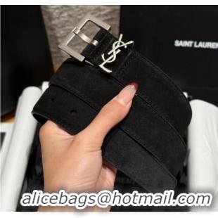 New Cheap Saint Laurent Cassandre Belt 3cm in Suede and Leather YSL26010401 Black/Silver 2025