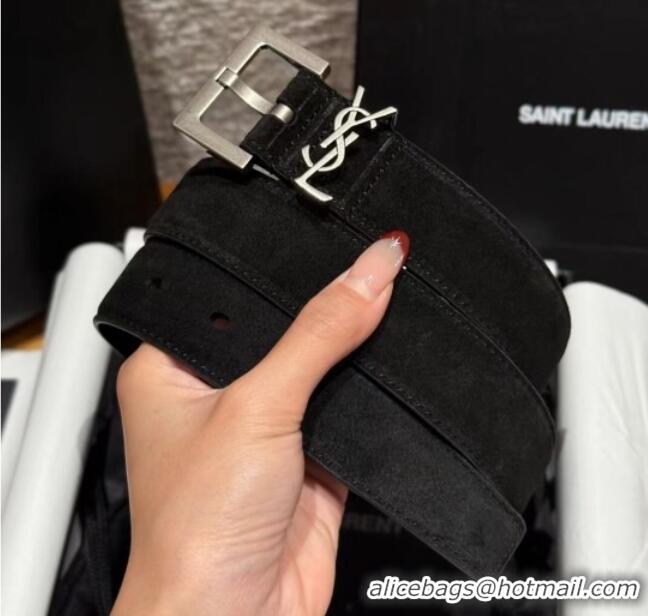 New Cheap Saint Laurent Cassandre Belt 3cm in Suede and Leather YSL26010401 Black/Silver 2025