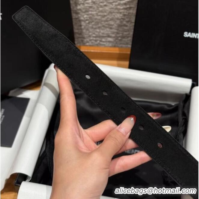 New Cheap Saint Laurent Cassandre Belt 3cm in Suede and Leather YSL26010401 Black/Silver 2025