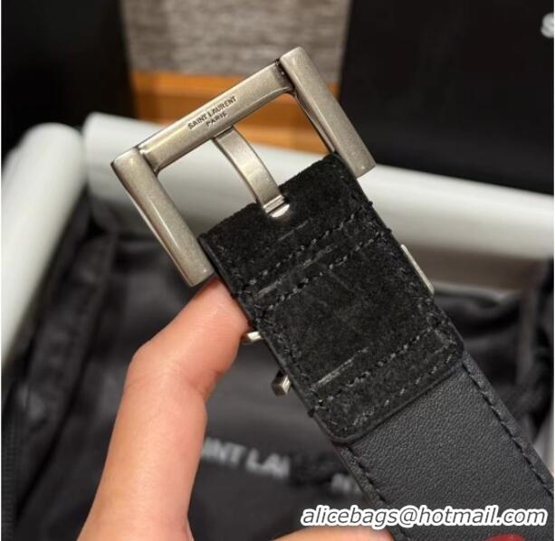 New Cheap Saint Laurent Cassandre Belt 3cm in Suede and Leather YSL26010401 Black/Silver 2025