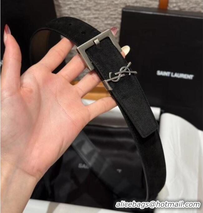 New Cheap Saint Laurent Cassandre Belt 3cm in Suede and Leather YSL26010401 Black/Silver 2025