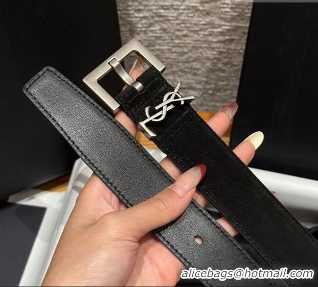 New Cheap Saint Laurent Cassandre Belt 3cm in Suede and Leather YSL26010401 Black/Silver 2025
