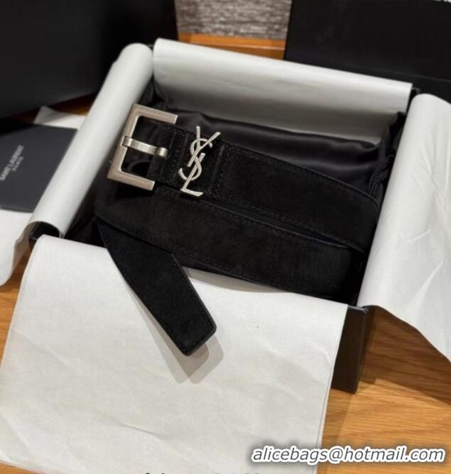 New Cheap Saint Laurent Cassandre Belt 3cm in Suede and Leather YSL26010401 Black/Silver 2025