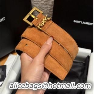 Pretty Style Saint Laurent Cassandre Belt 3cm in Suede and Leather YSL26010401 Beige Yellow/Gold 2025