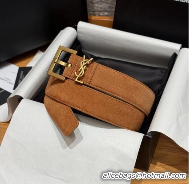 Pretty Style Saint Laurent Cassandre Belt 3cm in Suede and Leather YSL26010401 Beige Yellow/Gold 2025