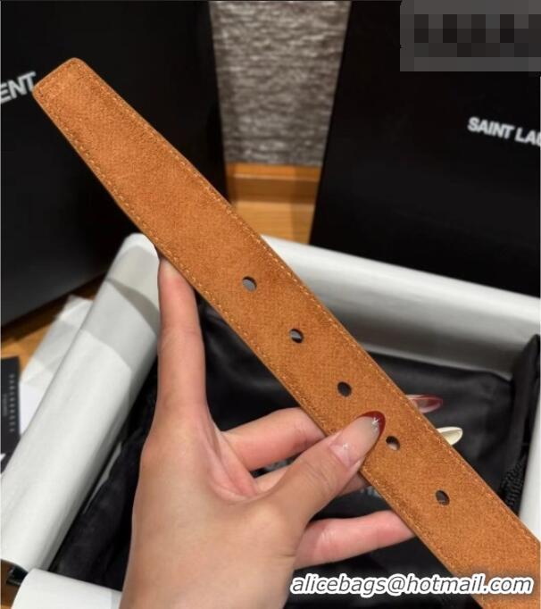 Pretty Style Saint Laurent Cassandre Belt 3cm in Suede and Leather YSL26010401 Beige Yellow/Gold 2025