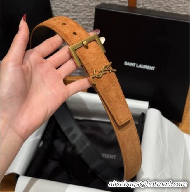 Pretty Style Saint Laurent Cassandre Belt 3cm in Suede and Leather YSL26010401 Beige Yellow/Gold 2025