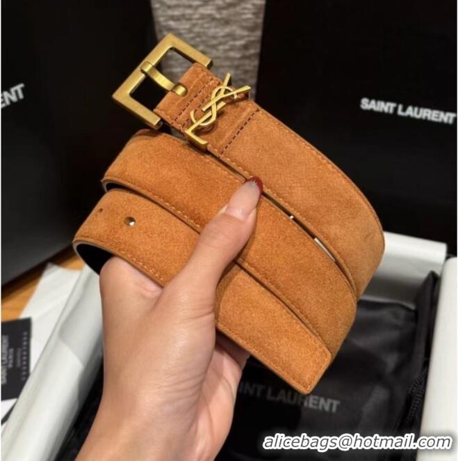 Pretty Style Saint Laurent Cassandre Belt 3cm in Suede and Leather YSL26010401 Beige Yellow/Gold 2025