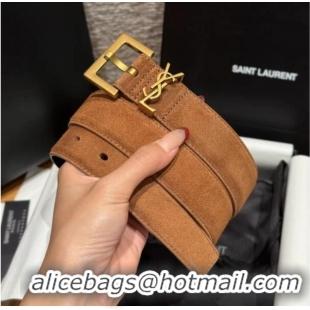 Best Price Saint Laurent Cassandre Belt 3cm in Suede and Leather YSL26010401 Light Brown 2025