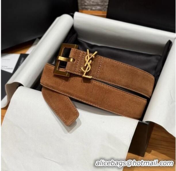 Best Price Saint Laurent Cassandre Belt 3cm in Suede and Leather YSL26010401 Light Brown 2025