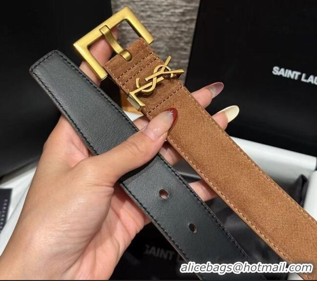 Best Price Saint Laurent Cassandre Belt 3cm in Suede and Leather YSL26010401 Light Brown 2025