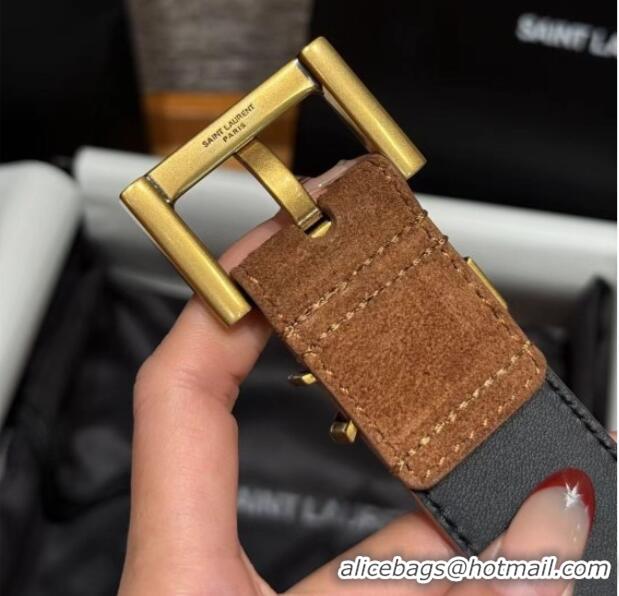 Best Price Saint Laurent Cassandre Belt 3cm in Suede and Leather YSL26010401 Light Brown 2025