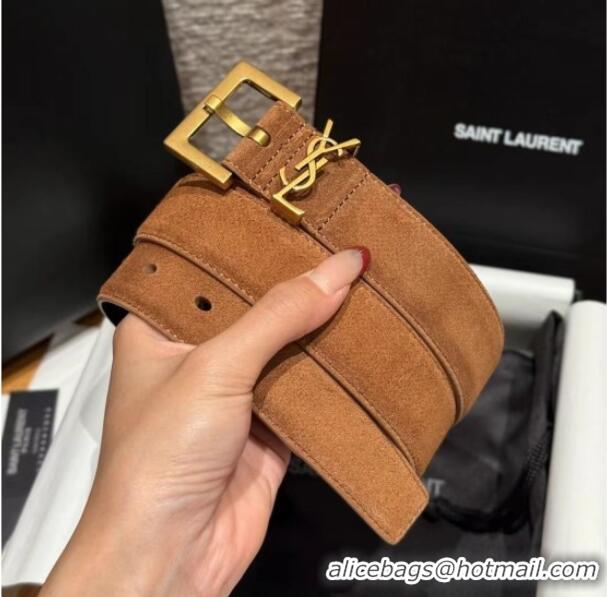 Best Price Saint Laurent Cassandre Belt 3cm in Suede and Leather YSL26010401 Light Brown 2025