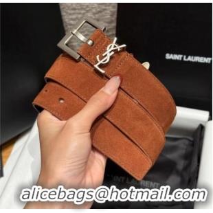 Inexpensive Saint Laurent Cassandre Belt 3cm in Suede and Leather YSL26010401 Brown 2025