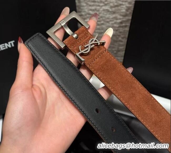 Inexpensive Saint Laurent Cassandre Belt 3cm in Suede and Leather YSL26010401 Brown 2025