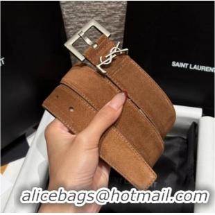 Well Crafted Saint Laurent Cassandre Belt 3cm in Suede and Leather YSL26010401 Taupe 2025