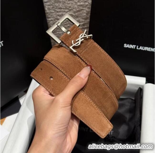 Well Crafted Saint Laurent Cassandre Belt 3cm in Suede and Leather YSL26010401 Taupe 2025