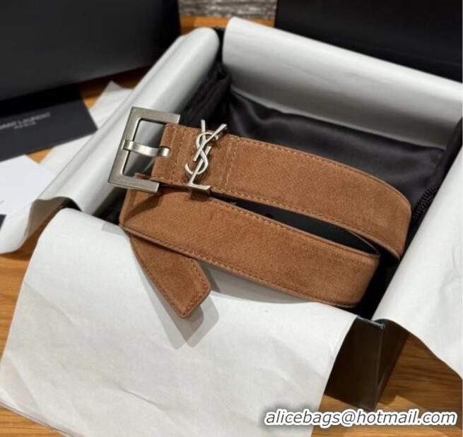 Well Crafted Saint Laurent Cassandre Belt 3cm in Suede and Leather YSL26010401 Taupe 2025