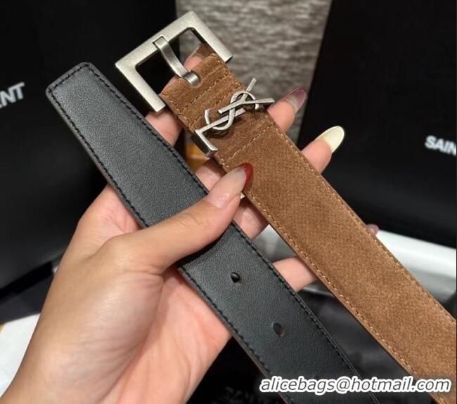 Well Crafted Saint Laurent Cassandre Belt 3cm in Suede and Leather YSL26010401 Taupe 2025