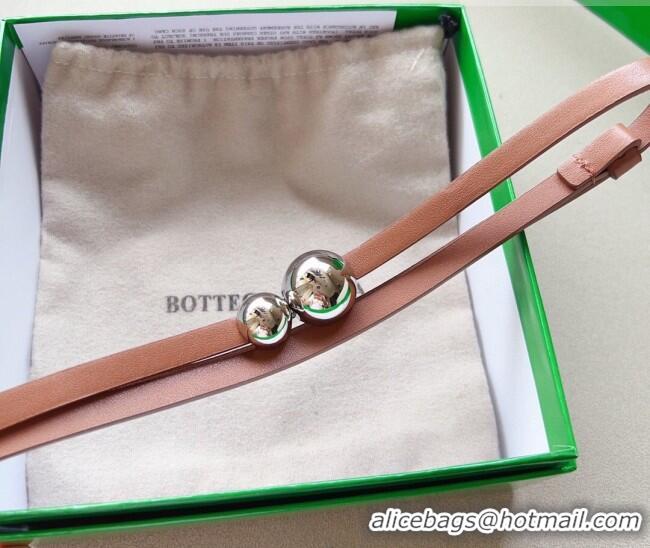 Luxury Cheap Bottega Veneta Calfskin Belt with Silver Spheres Buckle 0315 Light Brown 2025